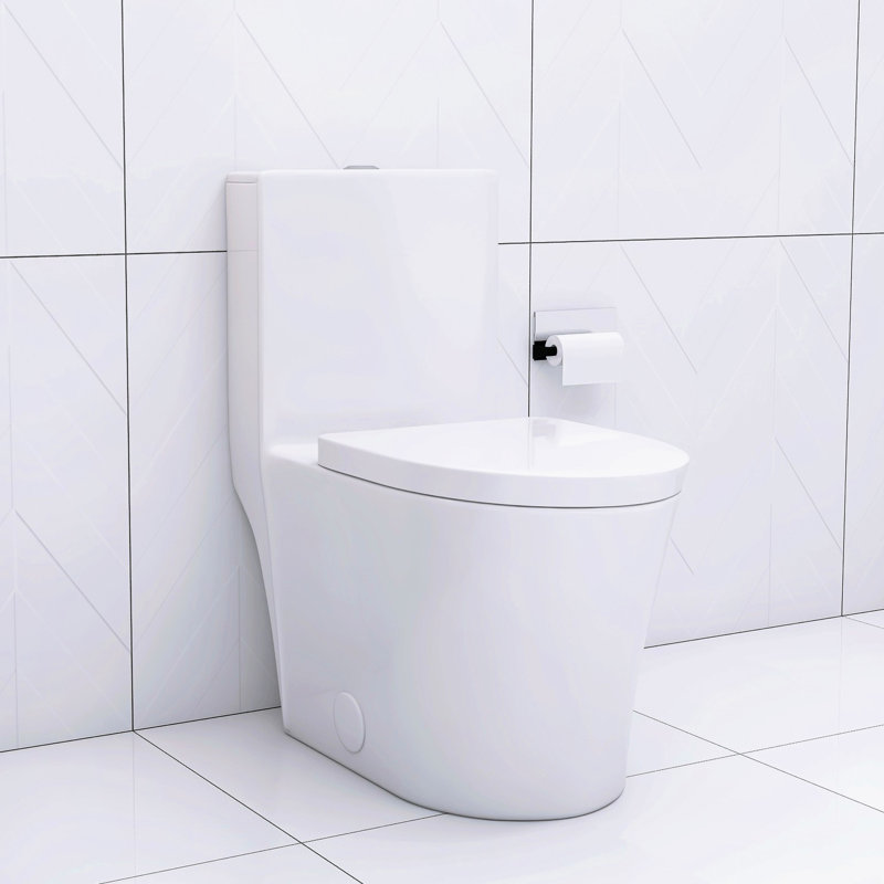 Toilette de salle de bain moderne avec bouton doré et système de chasse efficace allongé, Blanc