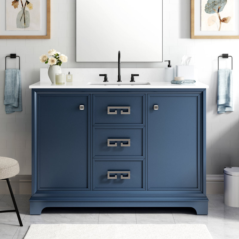 Meuble-lavabo simple autoportant 48 po avec comptoir en marbre d'ingénierie, lavabo en céramique, dosseret, 48", Bleu