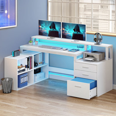 Table d'ordinateur en bois Brandessa avec 4 tablettes et 3 tiroirs classeurs