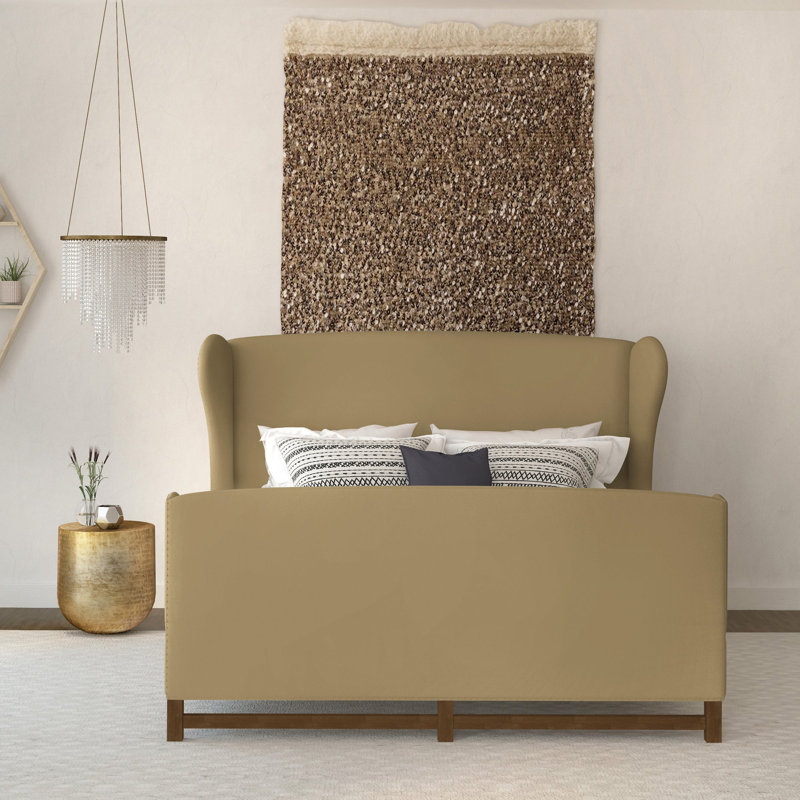 Herbert Upholstered Wingback Bed, Box Weave Linen Marzipan, Dark Brown, Twin