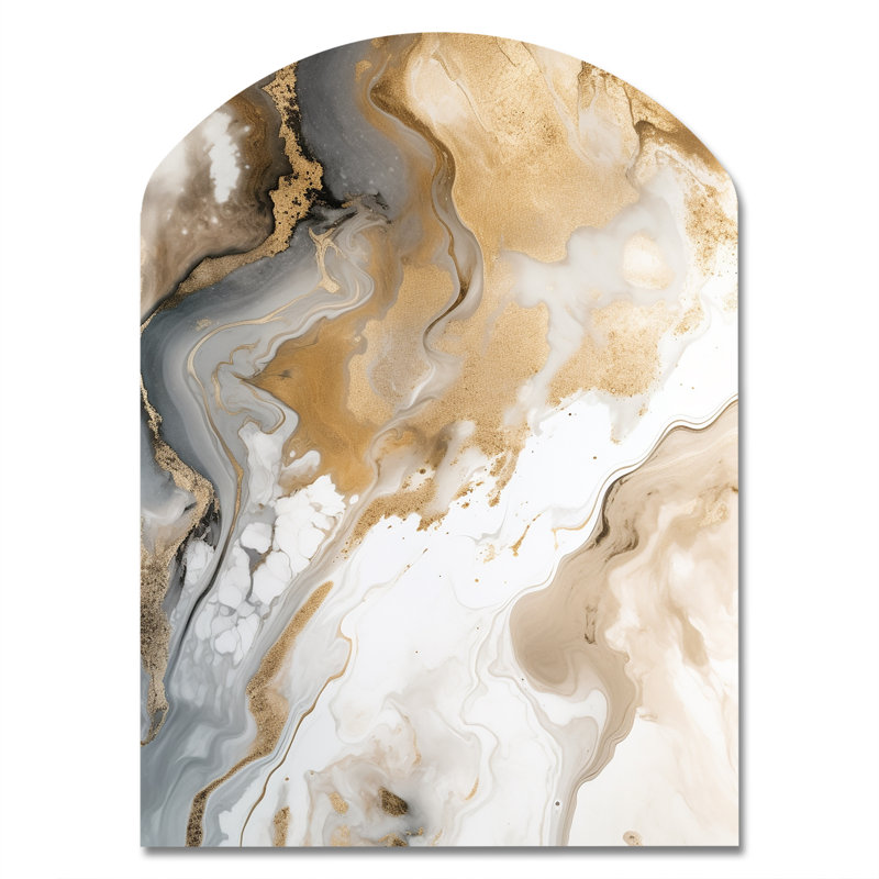 Gold And Grey A Marble Effect V - Arch Abstract Marble Metal Wall Decor, Asymmetrical Metal Wall Sculpture Print