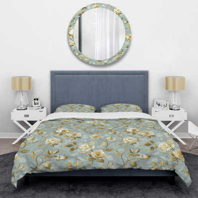 Powder Blue Floral Serenity II - Glam Duvet Cover Set