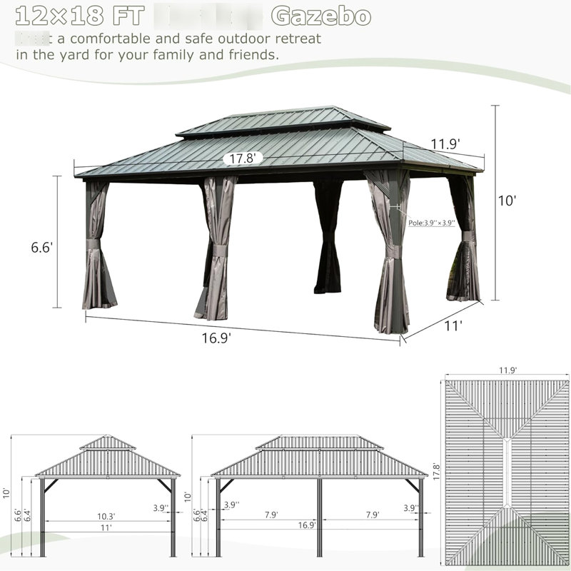 Pavillon de jardin 12 pi x 18 pi, aluminium et acier galvanisé, pour cour, abri de jardin, terrasse,