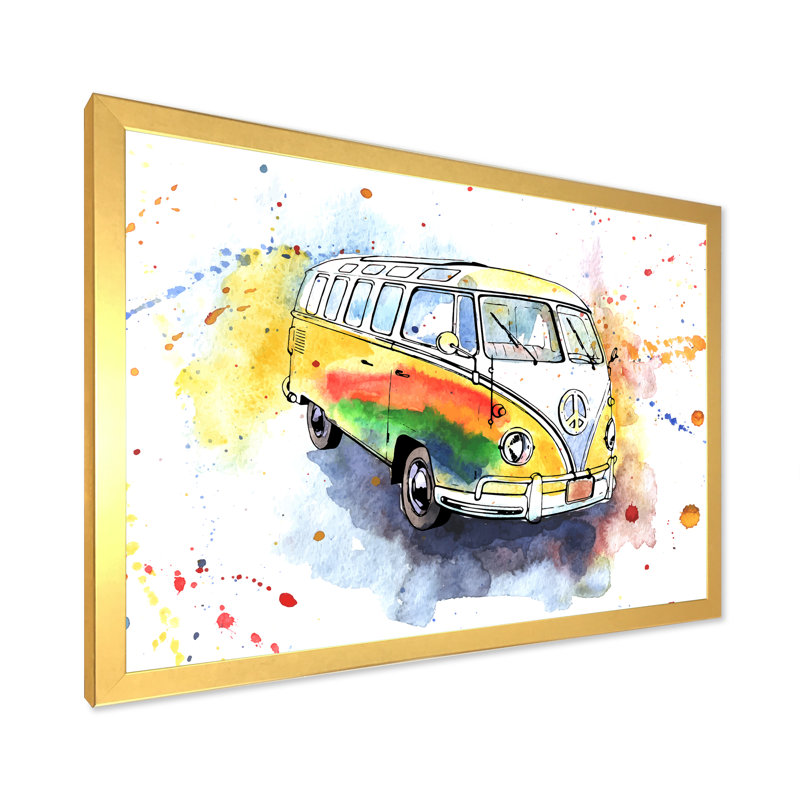 «Retro Grungy Hippy Bus», peinture sur toile, H 24 po x l 32 po x P 1 po, Cadre doré à coins fermés