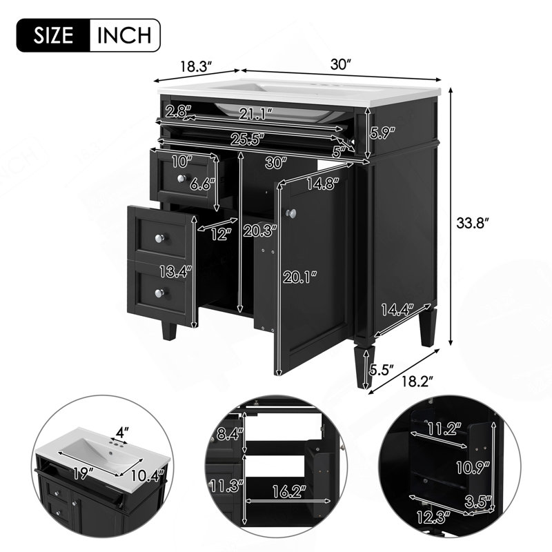 30'' Bathroom Vanity With Top Sink, Modern Bathroom Storage Cabinet With 2 Drawers And A Tip-Out Drawer, Single Sink Bathroom Vanity
