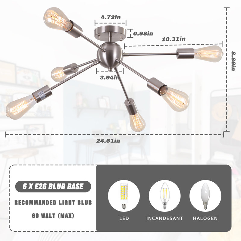 6-Light Modern Brushed Nickel Semi-Flush Ceiling Light, Dimmable & Compact, Perfect for Kitchen, Dining & Bedroom