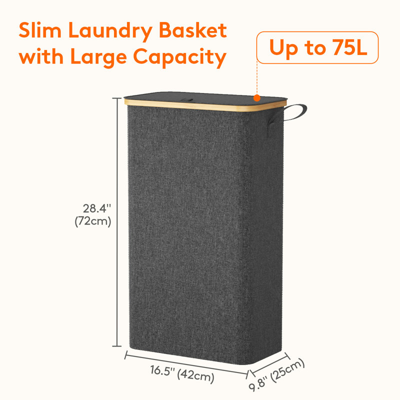 75l Slim Laundry Hamper With Lid, Narrow Laundry Basket With Removable Bag & Bamboo Handles, Fodable Thin Dirty Clothes Hamper For Laundry Collapsible Bin For Bathroom Bedroom Dorm,