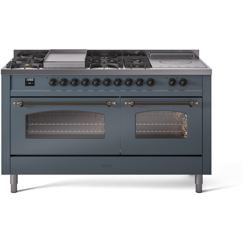 ILVE Nostalgie II 60 Dual Fuel Range, 5 Burners, Griddle, Frenchtop , Liquid Propane, Antique White/Bronze
