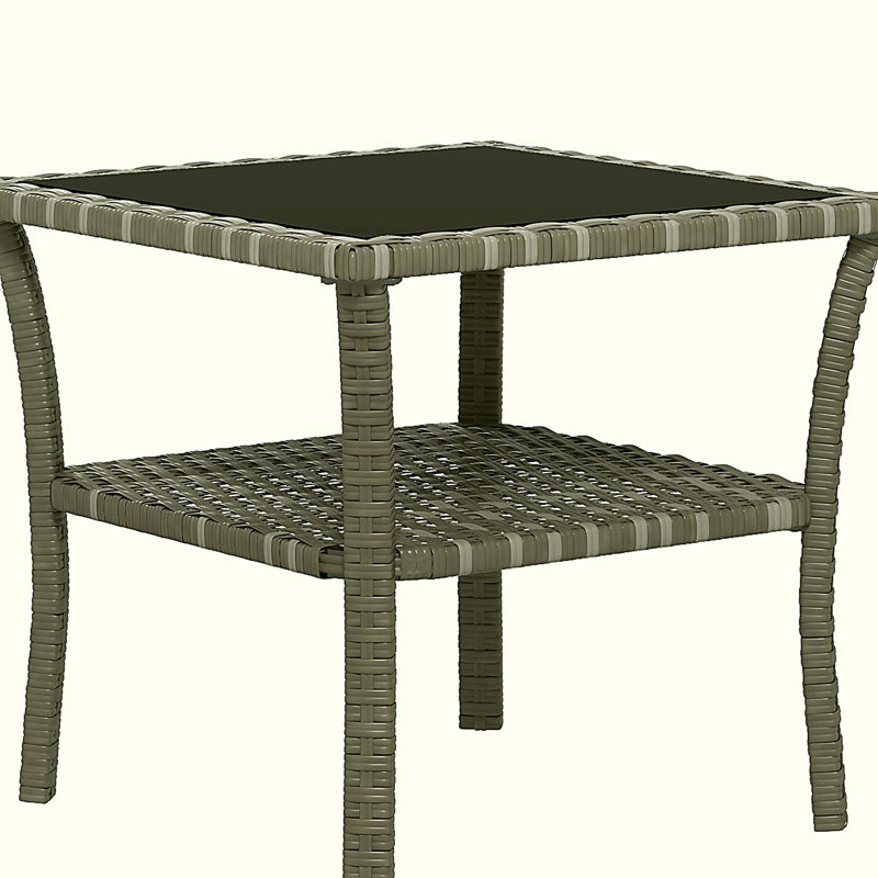 Outsunny Woven Rattan Edge Table, Outdoor Side Table with Storage Shelf, Aluminum Frame Square, Tempered Glass Top, Beach Color