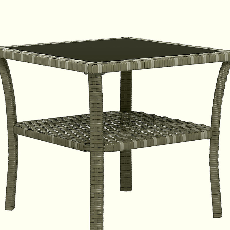 Table de bout en rotin tissé Outsunny, table d'appoint d'extérieur avec tablette de rangement, cadre en aluminium carré, plateau en verre trempé, couleur plage