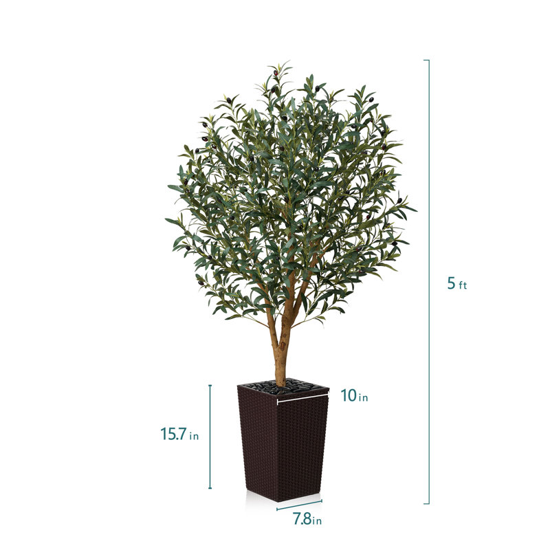 Adcock Artificial Olive Tree with Decorative Pot, UV Resistant Faux Olive Tree with Natural Trunk, Brown