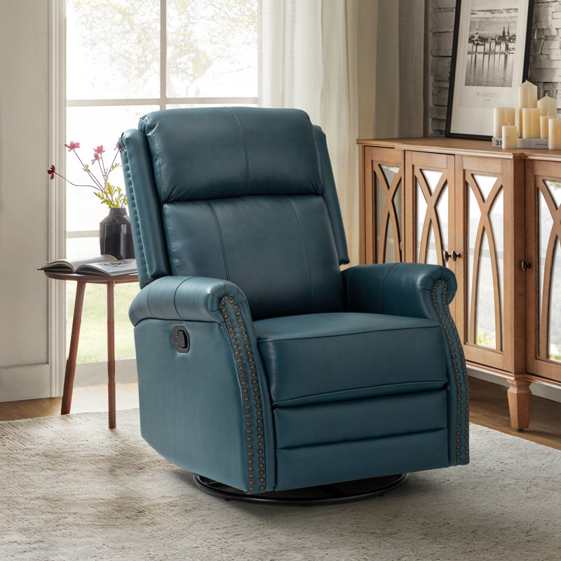 Anouschka 30.5" Wide Swivel Rocking Genuine Leather Manual Recliner, Turquoise Genuine Leather