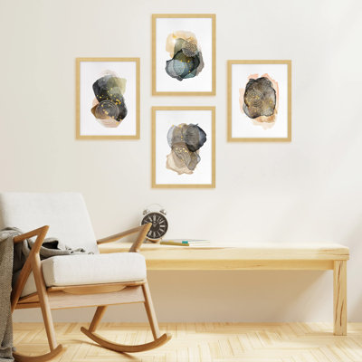 «Bath Bathroom Decor Multicolor Mid-Century Pastel Watercolor Paint Collage Abstract Shapes Illustration», impression encadrée sur papier, 4 pièces