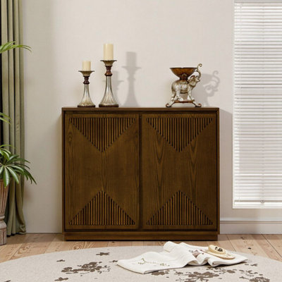 Mid-Century Narrow Brown Storage Cabinet - V-Shape Fluted Buffet Sideboard with Outlet Holes for Living Room, Entryway, or Coffee Bar