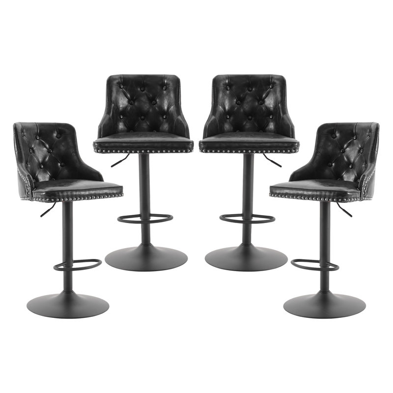 Swivel Upholstered Adjustable Height Bar Stool(Set of 4), Black