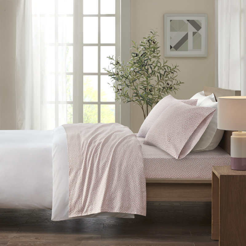 Ensemble de draps en flanelle 100% coton 4 pièces Cozy, Ensemble de draps double / double avec 2 taies d'o, Pois rosés