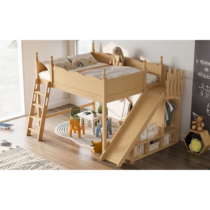 Grand lit mezzanine avec tablettes de rangement et garde-robe, lits mezzanine en bois massif avec glissières et échelles amovibles, aucune boîte à ressorts nécessaire (protection par brevet)