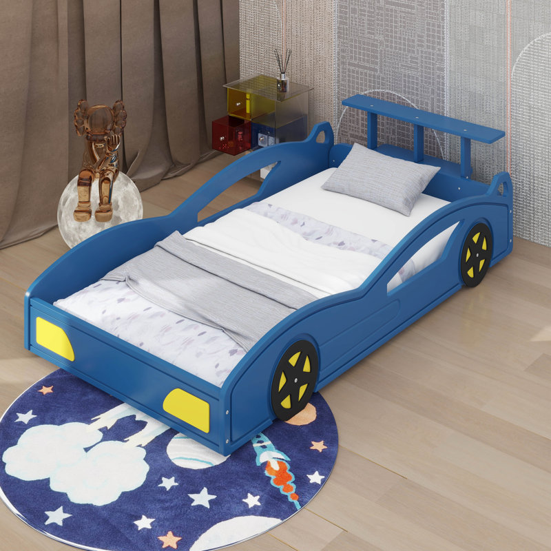 Lit plateforme simple avec roulettes, Bleu/jaune