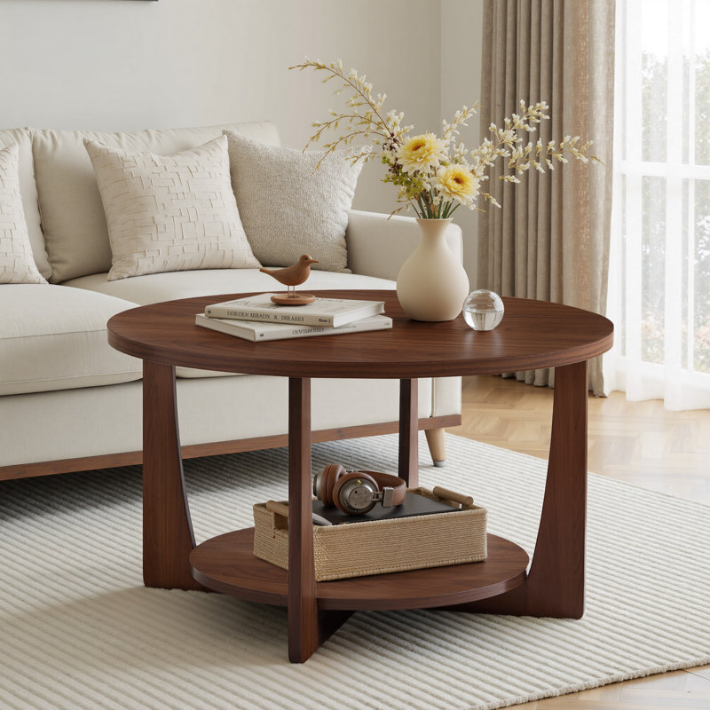 Table basse 31,5 "à pieds en bois massif avec rangement à 2 niveaux, Noyer rouge-brun