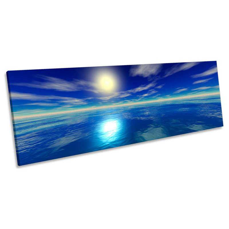 Blue Digital Sunset Seascape - Wrapped Canvas Panoramic Print, 30.48cm H x 91.44cm W x 2cm D