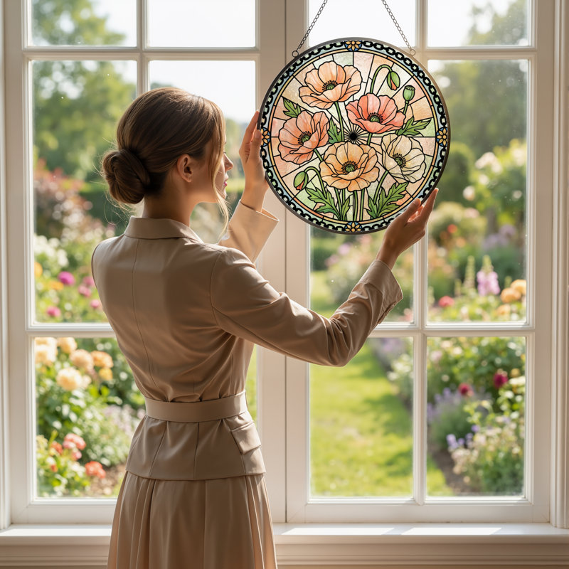 12"H Poppy Floral Stained Glass Window Panel, 12" H x 12" W