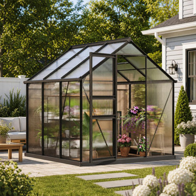 Serre en polycarbonate 6 x 6 pi, serre en aluminium avec porte verrouillable et évent de toit réglable, serre extérieure pour la cour, le patio et le jardin
