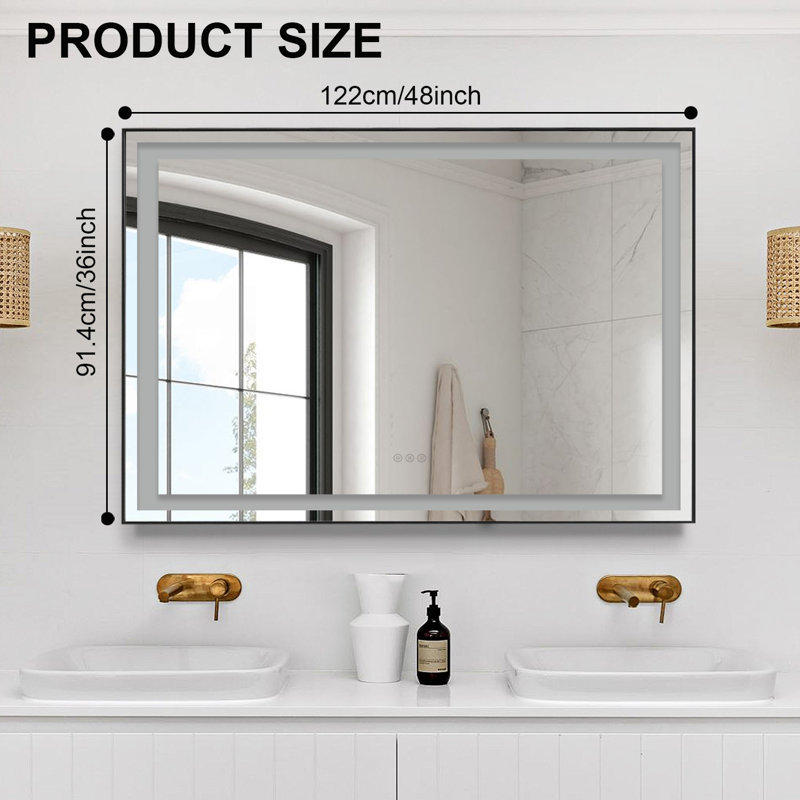 Miroir de salle de bain à cadre multifonctionnel en aluminium noir, miroir de meuble-lavabo lumineux mural