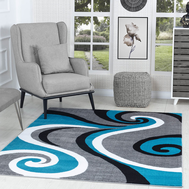Glory RugsModernArea Rug TurquoiseGreySwirls,ContemporaryDiningAccent,SevillaCollection, Rectangle 5'3" x 7'