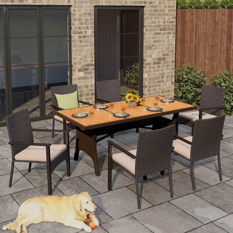 6 - Person Wicker Patio Dining Set With Rectangular Table , Cushions Included, 6, Beige