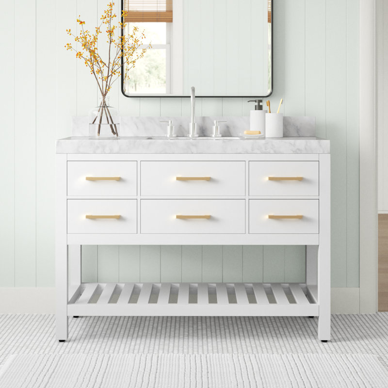 Ensemble de meuble-lavabo simple 48 po Carrie, Blanc/or brossé, Marbre blanc de Carrare