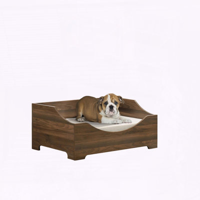 Modern Comfy Pet Bed with Cushion – 36"W, Brown Alder Wood Finish