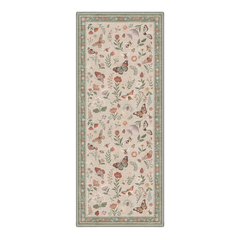Adonis Elyra Boho Machine Washable Beige / Green Indoor Area Rug with Non-Slip Backing, Runner 2'3" x 6'