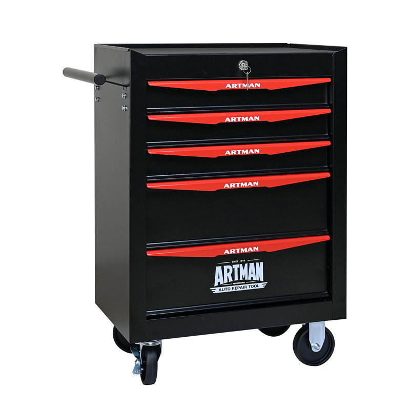 Coffre à outils roulant en métal avec 5 tiroirs, Black/Red
