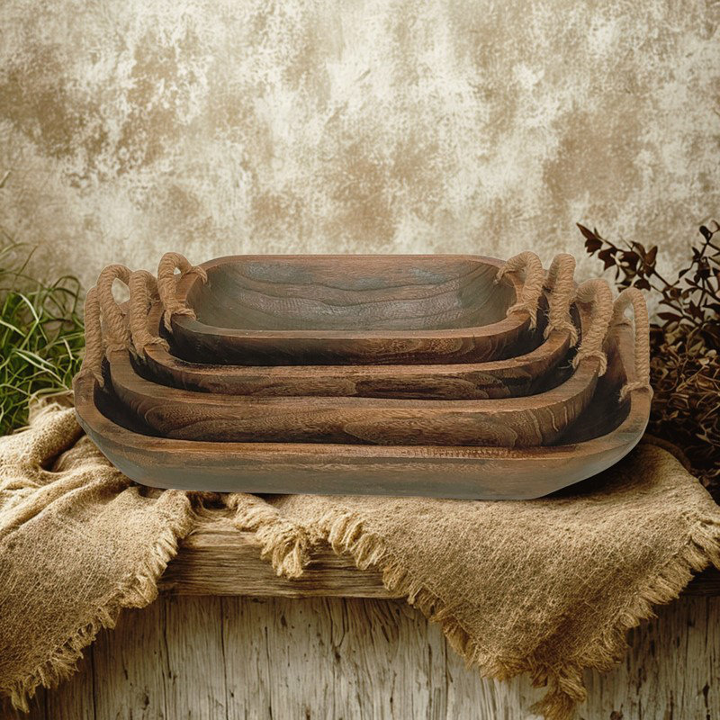 Plateaux de service ovales en bois avec poignées en corde "Portsmouth" (ensemble de 4 assortis)