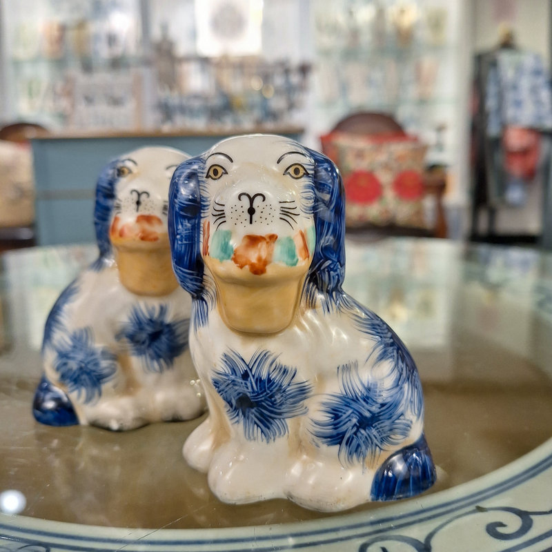 Small Black Staffordshire Style Basket Dog Figurines Pair, Blue/White/Beige