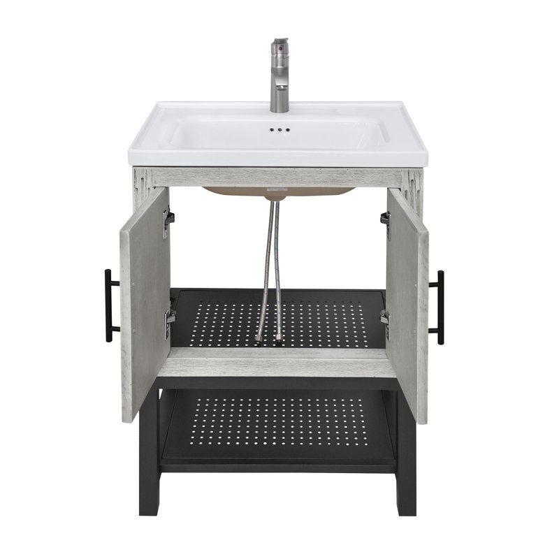 Meuble-lavabo 24 po avec lavabo en céramique blanc et robinet d'eau chaude et froide, armoire de salle de bain autoportante avec 2 portes de rangement et tablette ouverte en fer pour la salle de bain