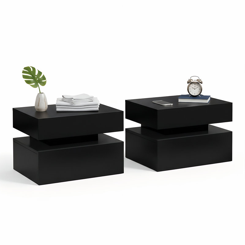 Floating Wood Wall Mounted Nightstand with 2 Storage Drawers and LED (Set of 2), Black