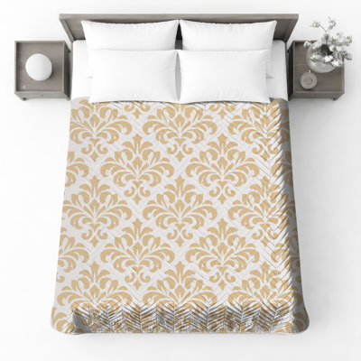Beige Damask Pattern Quilted Thin Bedspread