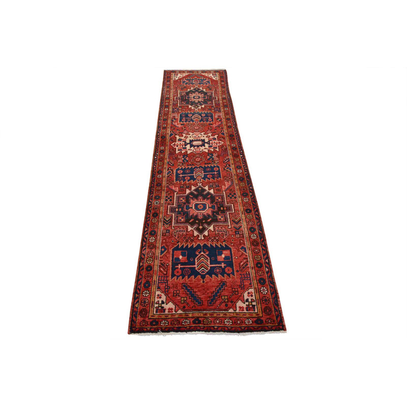 Tapis rouge rétro en laine noué à la main 3 pi 1 po x 11 pi Tribal