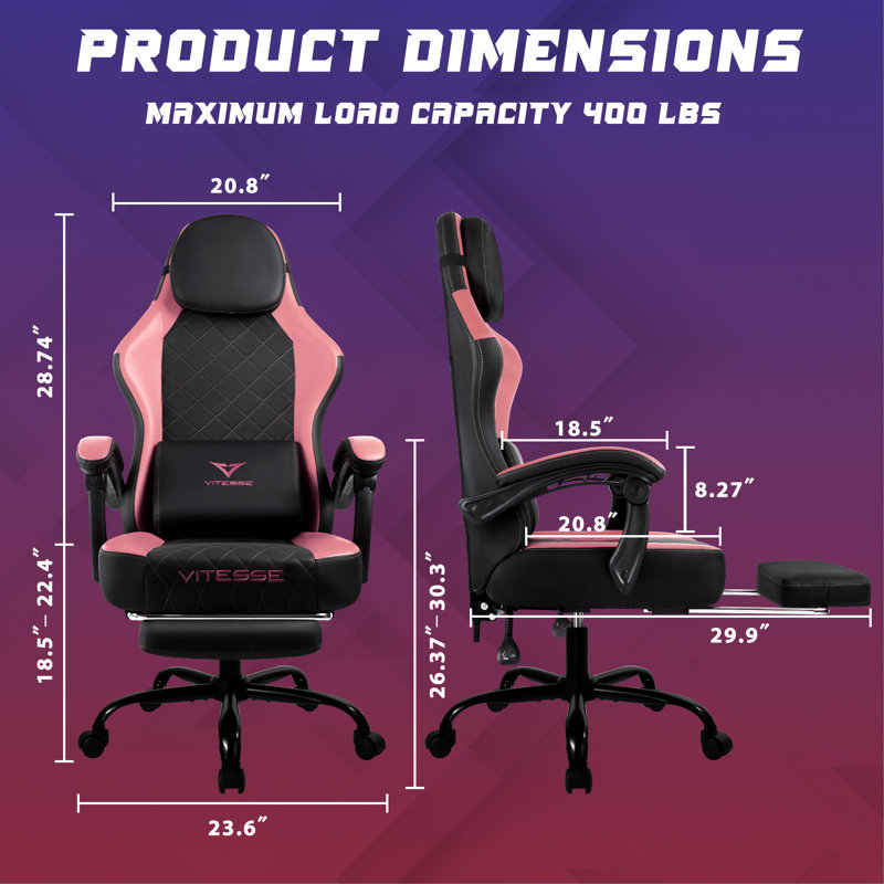 Adjustable Reclining Ergonomic Game Chair, Black/Pink