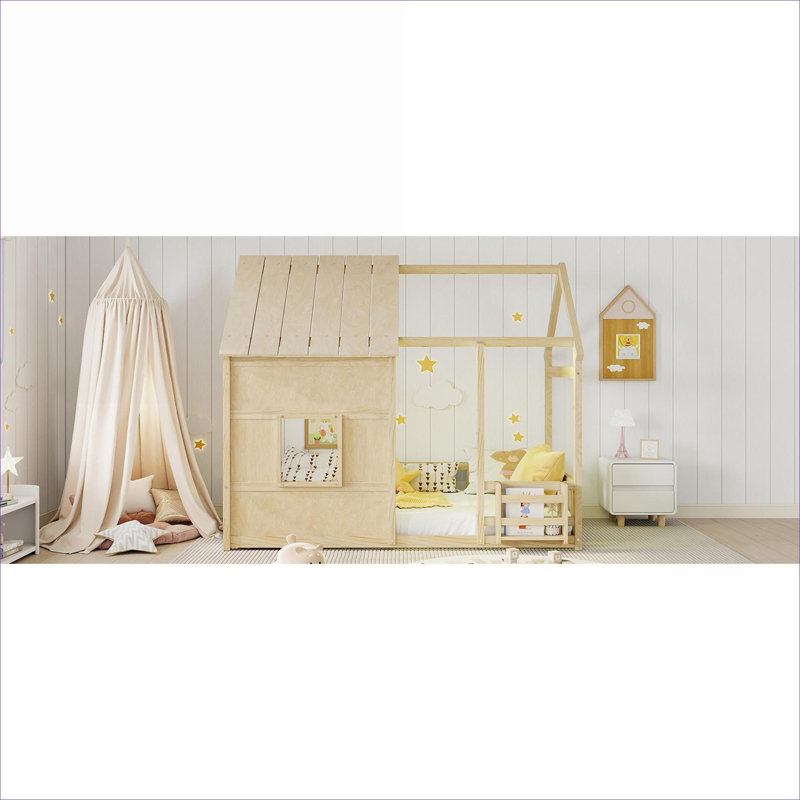 Lit simple au sol en forme de maison en bois naturel avec lumière à DEL 7 couleurs et bibliothèque intégrée