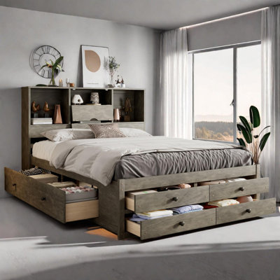 Queen Size Platform Bed with Storage Headboard and Eight Drawers