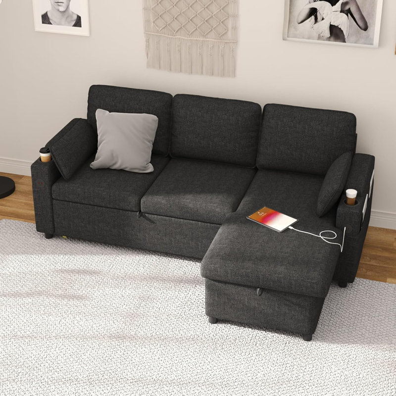 L Shaped Sofa Sleeper & Chaise, Dark Grey