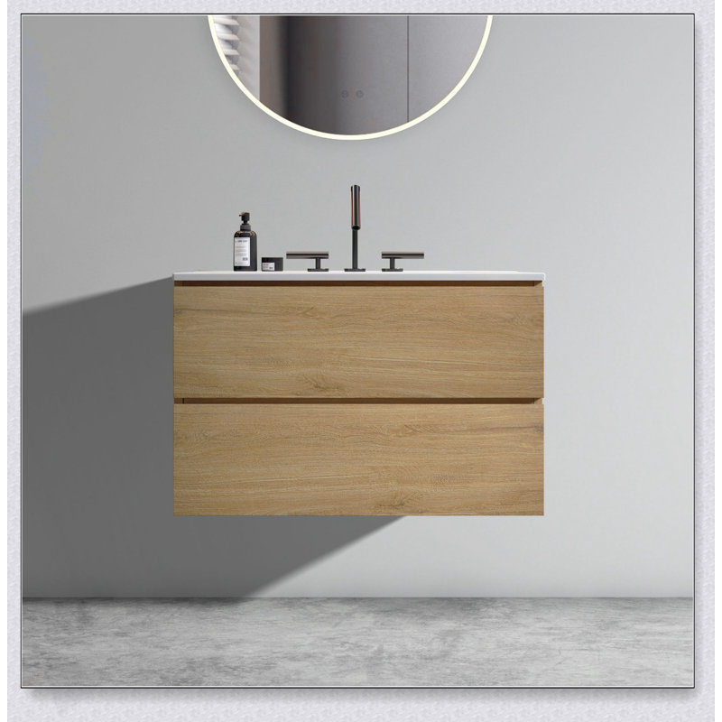 Meuble-lavabo mural en chêne naturel de 30 po avec lavabo en céramique, trois trous de robinet et grand rangement pour salle de bain moderne, pré-assemblé
