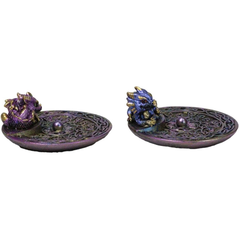 Set Of 2 Purple Blue Hatchling Dragons Celtic Mandala Knotwork Incense Burners