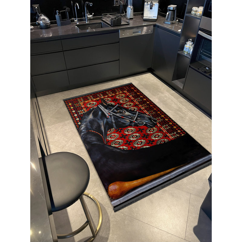 Tapis décoratif noir et rouge à motif de cheval noble, Rectangle 3 pi 9,81 po x 4 pi 11,06 po