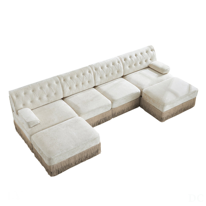 4-Seater With 2 Ottomans Cloud Modular Sectional, Tassel Skirt, Button Tufted Design, High-Density Foam, Ergonomic, Wooden Base, Beige