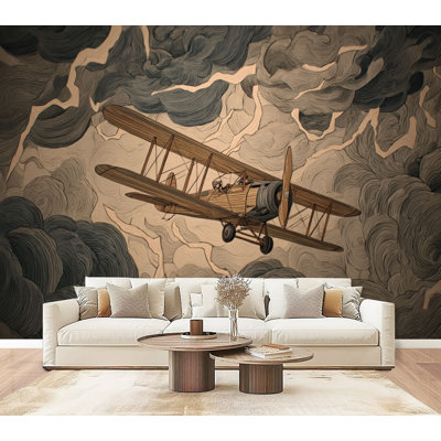 Papier peint adhésif peler et coller "Stormy Flight" Classic Biplane Wall H 69 "x l 96" amovible en papier peint mural auto-adhésif pour chambre à coucher, bureau à domicile