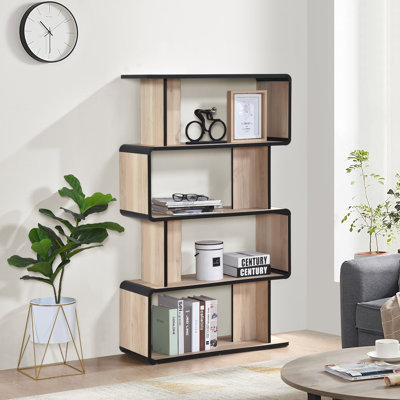 Bibliothèque moderne autoportante en bois à 4 niveaux avec bibliothèque ouverte géométrique pour le salon, la chambre à coucher ou le bureau personnel, chêne / noir