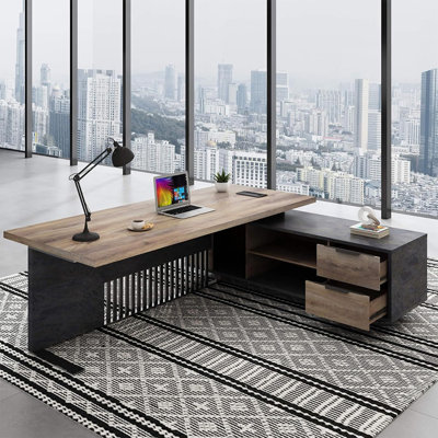 Bureau en L 70,86 po en forme de L avec armoire à tiroirs Bureau de direction pour grande entreprise avec ports de charge universels